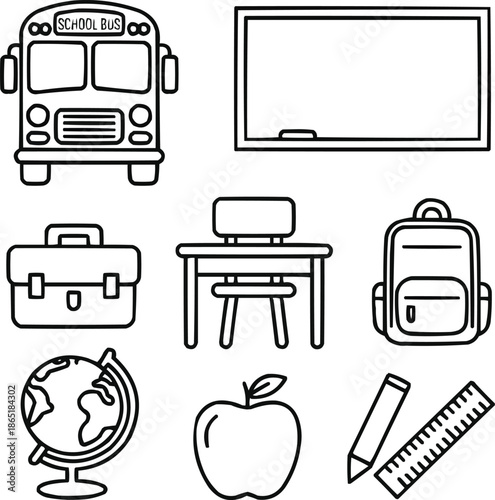 School Day Outline Icons  Bus Ride, Classroom Desk, and Teacher Tools
