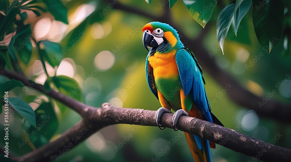 Obraz premium Vibrant blue gold macaw perched branch photos