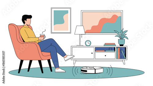Man relaxes in an armchair with a cup of coffee while a smart robot vacuum cleaner tidies up the living room carpet.
