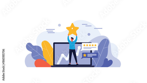 Professional man stands on a laptop holding a large yellow star while a growth chart is displayed on the screen.