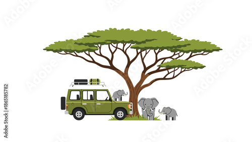 Safari jeep parked peacefully under a grand acacia tree, with a family of elephants gathered nearby in the African wilderness.