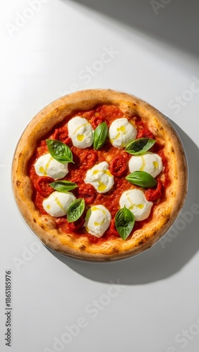 Authentic Italian Margarita Pizza with Buffalo Mozzarella Patches and Basil on White Studio Background