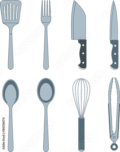 A collection of kitchen utensils including spatulas and knives displayed on a clean surface