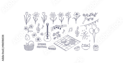 Elegant Spring Festival Line Art Vector Elements Set Picnic Flowers Music Doodles