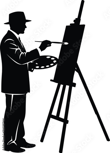 Artist painting on easel silhouette vector illustration, professional painter holding palette and brush, black and white isolated creative scene, fine art concept for studio, creativity, hobby, and ar