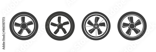 A set of four graphic icons showcasing various designs of ventilation fans or industrial propellers for air circulation and cooling systems