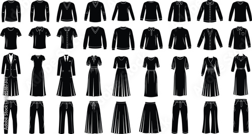 Women clothing silhouettes collection vector, dresses, skirts, blouses and jackets apparel set, black fashion garments isolated on white background, retail boutique catalog design for ecommerce, texti