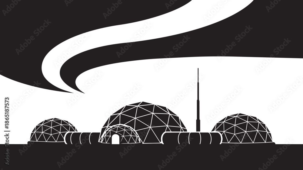 Εκτύπωση καμβά Geodesic dome research station silhouette with aurora borealis ribbons and radio
