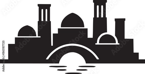 Traditional middle eastern city skyline silhouette with domes bridges and wind towers