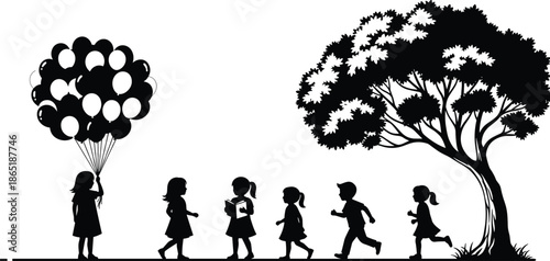 Children playing in park silhouette vector illustration, kids running with balloon bouquet near tree, black and white isolated scene, happy childhood outdoor activity concept for education, poster, an