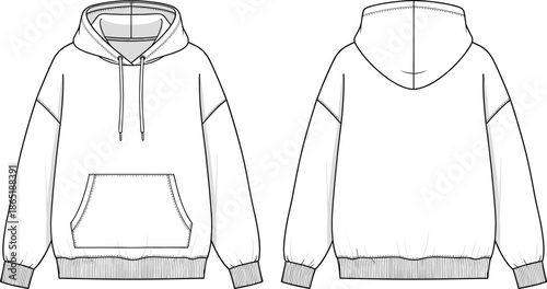 Hoodie sweatshirt technical fashion illustration front and back view, casual pullover with hood, drawstrings and kangaroo pocket design