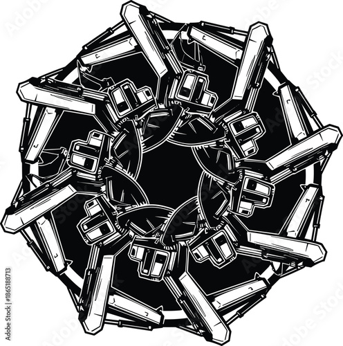 Circular geometric mechanical pattern illustration with industrial tool elements, abstract black and white symmetrical design inspired by engineering and machinery
