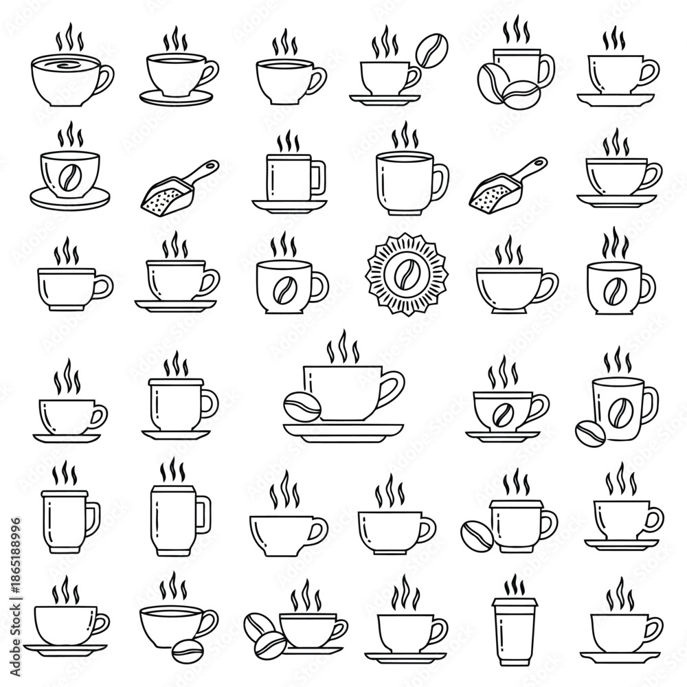 Fototapeta premium Collection of various coffee cups and mugs with steam rising, illustrated in simple black and white line art