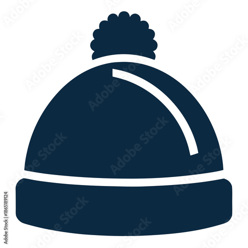 Title: Dark blue hat with a pompom on and a rectangular label on the front wool