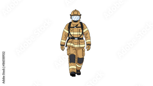 Courageous firefighter in full protective gear, including helmet and oxygen tank, confidently walking forward ready for action.
