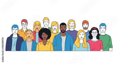 Large group of diverse people from different ethnic backgrounds standing together as a unified multiethnic community in flat style.