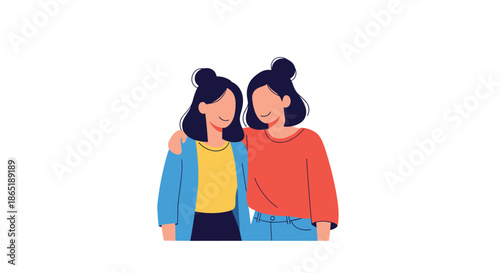 Two young female friends hugging each other warmly as a symbol of friendship, support, and closeness on a white background.