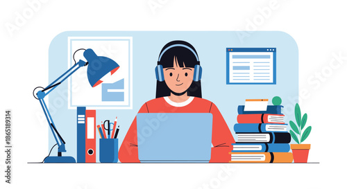 Young girl wearing headphones and studying with a laptop at a desk surrounded by stacks of books and a classic desk lamp.