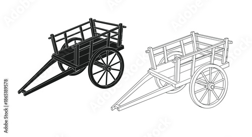 Two traditional wooden bullock carts in black and white line art and detailed drawing isolated on a plain white background.