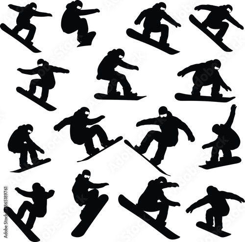 Multiple snowboarders in various dynamic poses and actions on slopes, showcasing different techniques and styles, captured from multiple viewpoints.