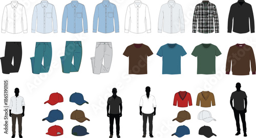 Men clothing collection with shirts pants t shirts sweaters caps and outfits, casual fashion apparel set isolated on white background vector illustration