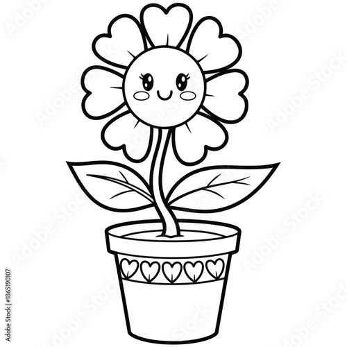 A smiling flower in a pot with hearts, cartoon illustration