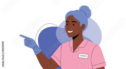 Confident African American nurse or healthcare professional in pink scrubs and blue gloves smiling and pointing her finger to the side.