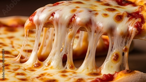 Macro Close Up of Hot Stretchy Mozzarella Cheese Pull on Freshly Baked Pizza Crust