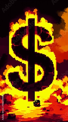 Dollar sign engulfed in pixelated flames and lava