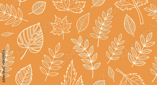 Seamless seasonal pattern featuring white line drawings of various forest tree leaves scattered over a warm terracotta orange background.
