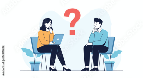 Young man and woman sitting in chairs facing each other with a large red question mark between them as if in a thoughtful interview.