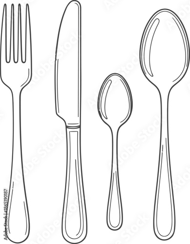 Set of cutlery including fork, knife, and spoons on a white background