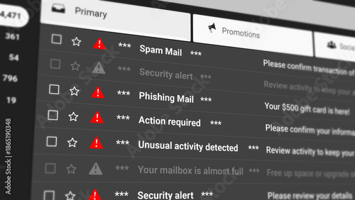 Fotografia Spam Mail Notifications, Phishing Emails, Unusual Activity and Security Alert Email Scrolling List Closeup
