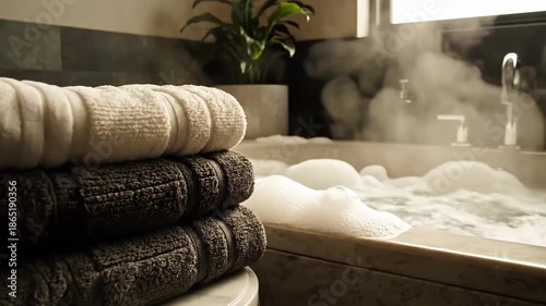Luxurious Spa Experience: Stacked Towels And A Bubbling Bath Create Relaxing Ambiance