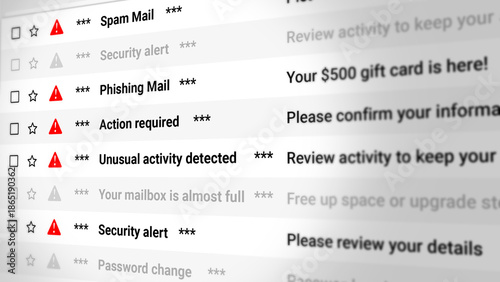 Tableau sur toile Spam Mail, Phishing Messages and Security Alert, Email Scrolling List Closeup