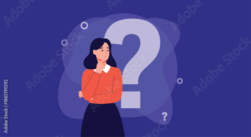 Thoughtful young woman with hand on chin standing in front of a large question mark symbol representing curiosity and decision making.