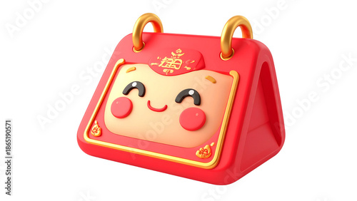 Cute smiling calendar icon with Chinese New Year auspicious symbols and decorations