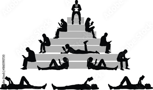People reading books silhouettes on pyramid steps, education hierarchy concept, learning levels, knowledge growth, study motivation, black vector illustration