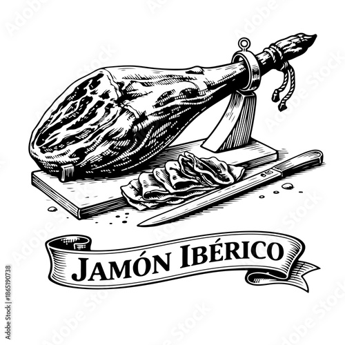Vintage illustration of Jamón Ibérico leg on jamonera with carving knife