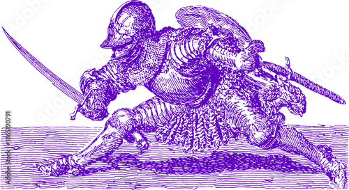 Knight in vintage armour wielding a sword. Dynamic purple vector illustration of historical combat in an action setting, showcasing detailed military equipment.