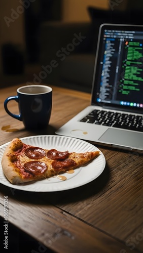 Pepperoni Pizza Slice on Paper Plate next to Laptop for Late Night Coding or Remote Work