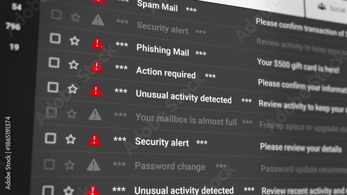 Spam Mail Notifications, Phishing Emails, Unusual Activity and Security Alert Email Scrolling List Closeup. Highlighting Cyber Threats, Fraud Detection, Inbox Risks, Warnings. 4K Video Animation