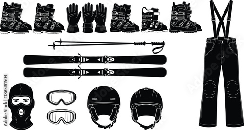 Ski equipment set with boots skis poles helmet goggles gloves and pants, winter sports gear collection isolated on white background illustration