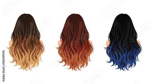 Diverse collection of women's long, wavy hair from the back, showcasing various modern ombre and balayage color styles, including blonde, red, and blue.