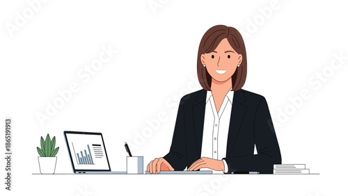 Confident and smiling businesswoman in a professional suit, sitting at a modern office desk with a laptop, plant, and documents, radiating success.