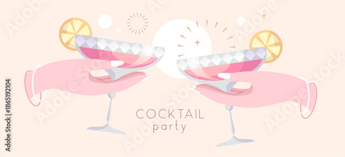 Hands with cocktails and firework. Cocktail party. Celebration toast with two cocktail glasses. Flat design. Vector illustration