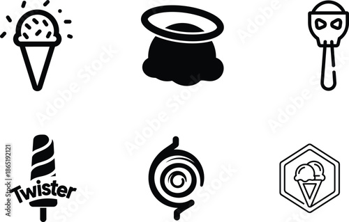 Black and white icons of various frozen treats and desserts
