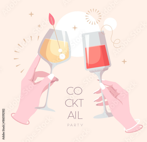 Hands with cocktails and firework. Cocktail party. Celebration toast with two cocktail glasses. Flat design. Vector illustration