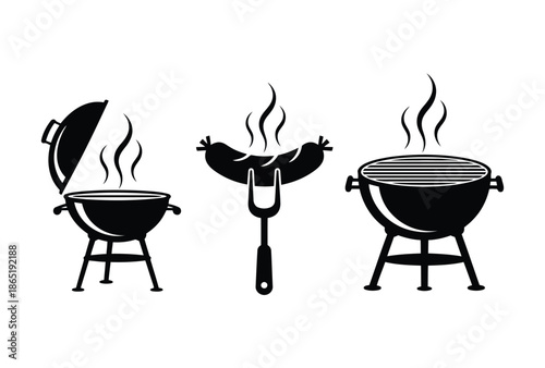 Black and white illustration of three barbecue grills and a fork with sausages on a plain background for cooking and food preparation concepts