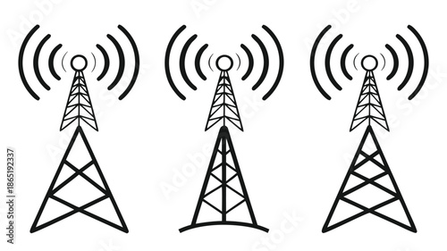 a series of cellular communication towers depicted in a minimalist black and white style silhouette